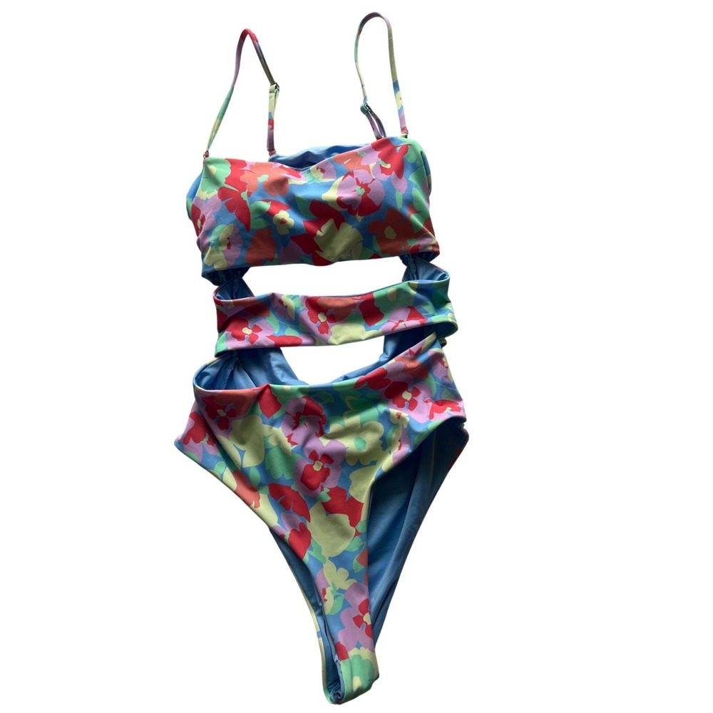 Tinibikini Swimsuit Women XL Blue Floral Cutout One Piece High Cut Excellence